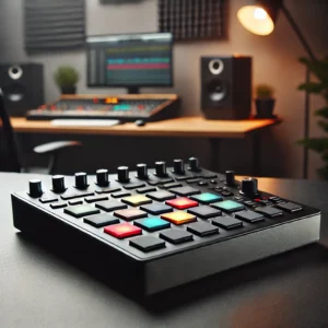 a sleek and modern drum machine, with a black matte finish, multiple colorful pads and knobs, sitting on a desk in a music production studio environme
